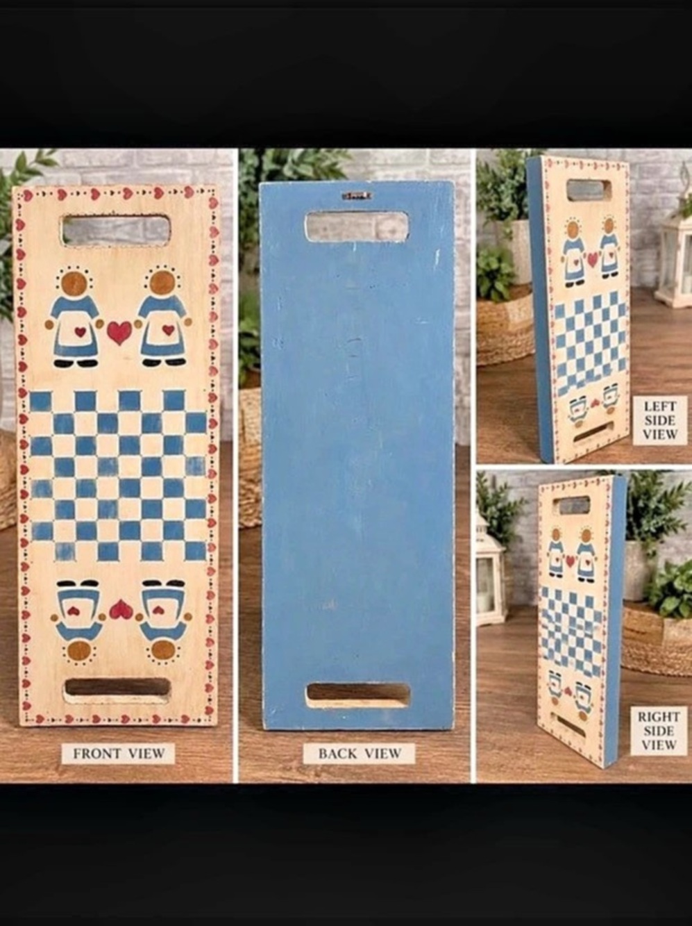 Hand Painted Wooden Hanging Checkerboard Folk Art Heart Primitive Wall Decor